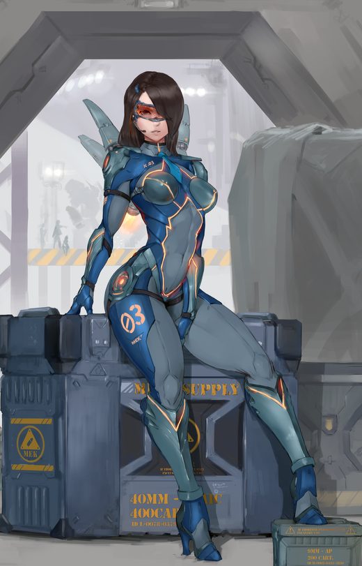 An Em-8ER pilot in a blue number 03 flight suit, sitting on supply crates in a hangar